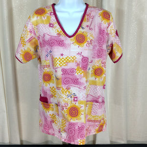 Scrub Top Medical Uniform Pink Printed Pattern S
